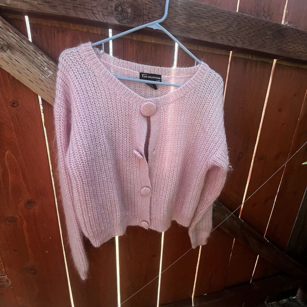 Vtg 80s Mohair Cardigan Sweater M Pink Regency Coquette Angelic Romantic Dainty